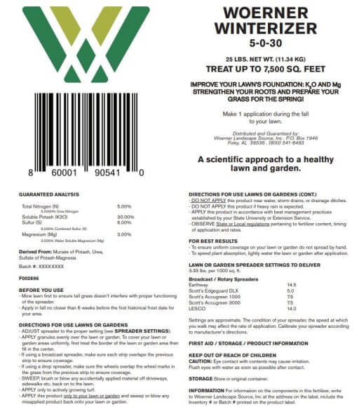 WOERNER WINTERIZER BLEND 5-0-30 25 LBS  UP TO 7500 SQ FT