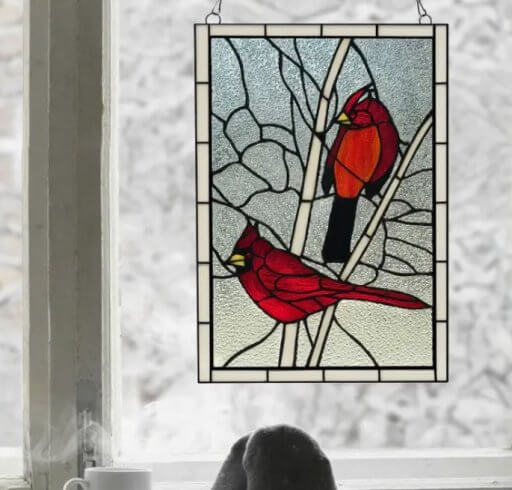 DOUBLE CARDINAL STAINED GLASS WINDOW PANEL